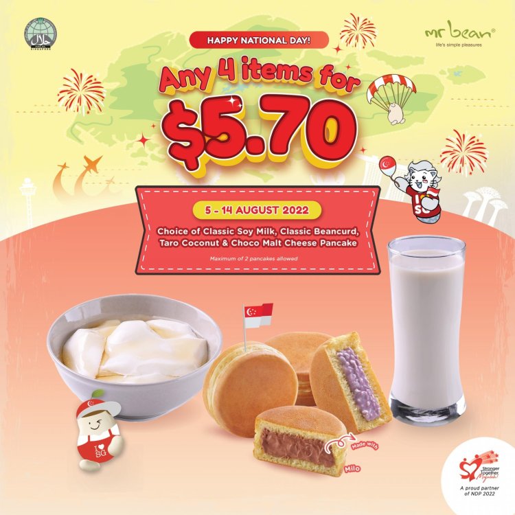 (5 to 14 Aug 2022) Mr Bean Singapore any 4 items from classic soy milk, beancurd, taro coconut, choco malt cheese pancake for $5.70 only