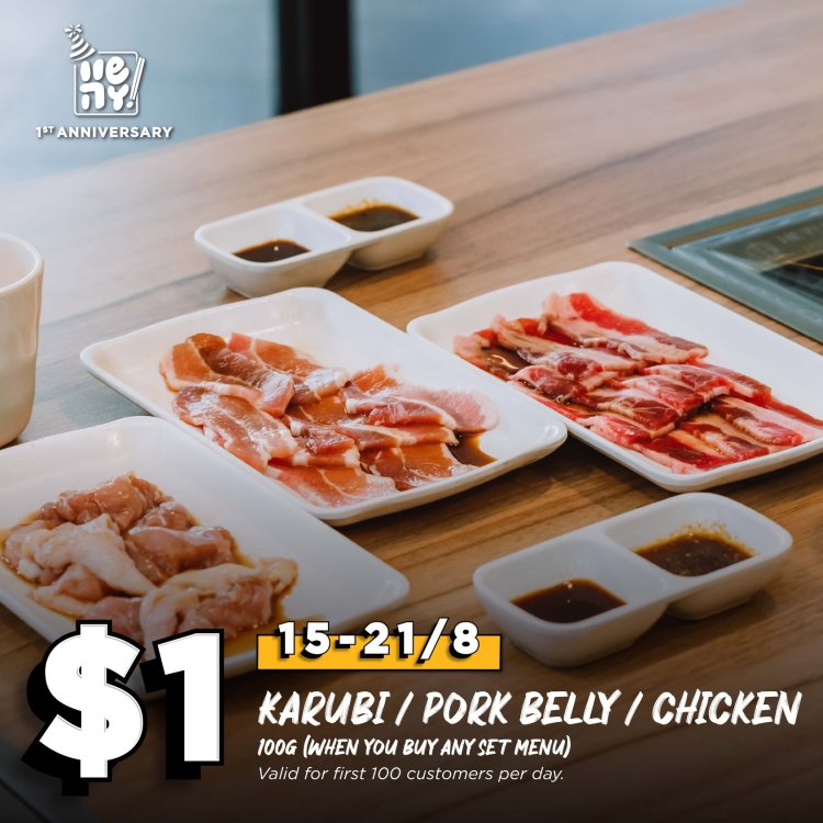 (15 to 21 Aug 2022) Hey Yakiniku BBQ Restaurant $1 deal 100g of karubi or pork belly or chicken with any set meal order limited 100 sets per day