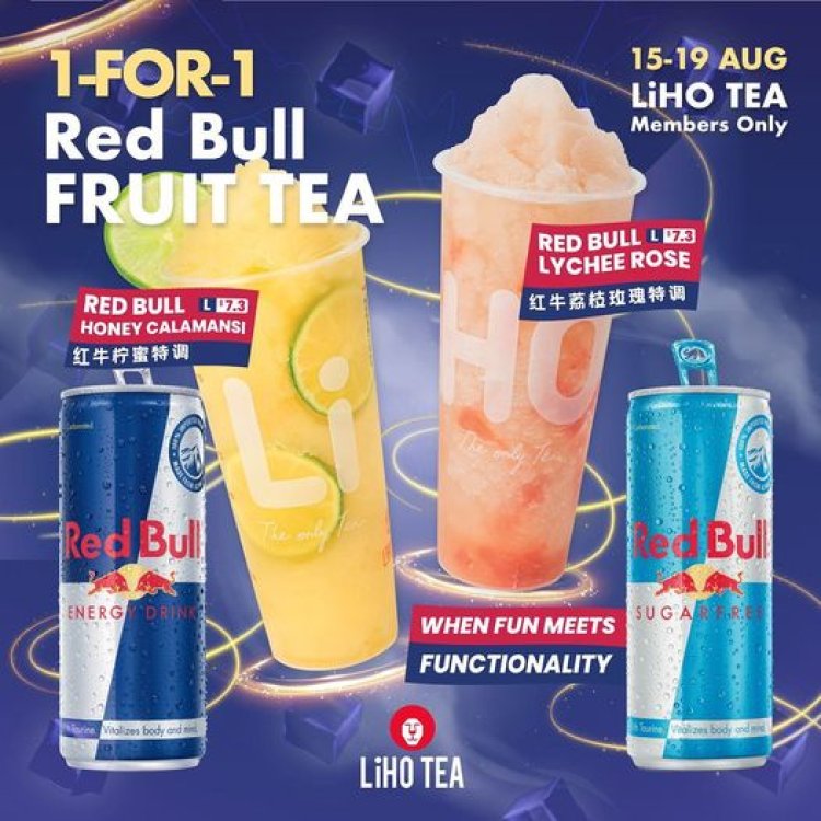 (15 to 19 Aug 2022) Liho Tea Singapore member 1 for 1 Large cup Redbull Honey calamansi or Red Bull lychee rose