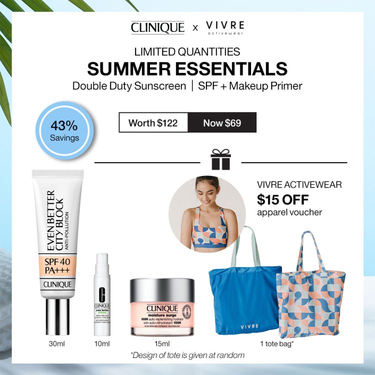 (While stock last) Clinique x Vivre Activewear Lazada Exclusive Summer Essential sets Sunblock set up to 43% saving