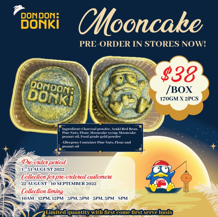 (Till 31 Aug 2022) Don Don Donki pre-order mooncake $38 for 2 pcs 170gram charcoal golden powder with red bean