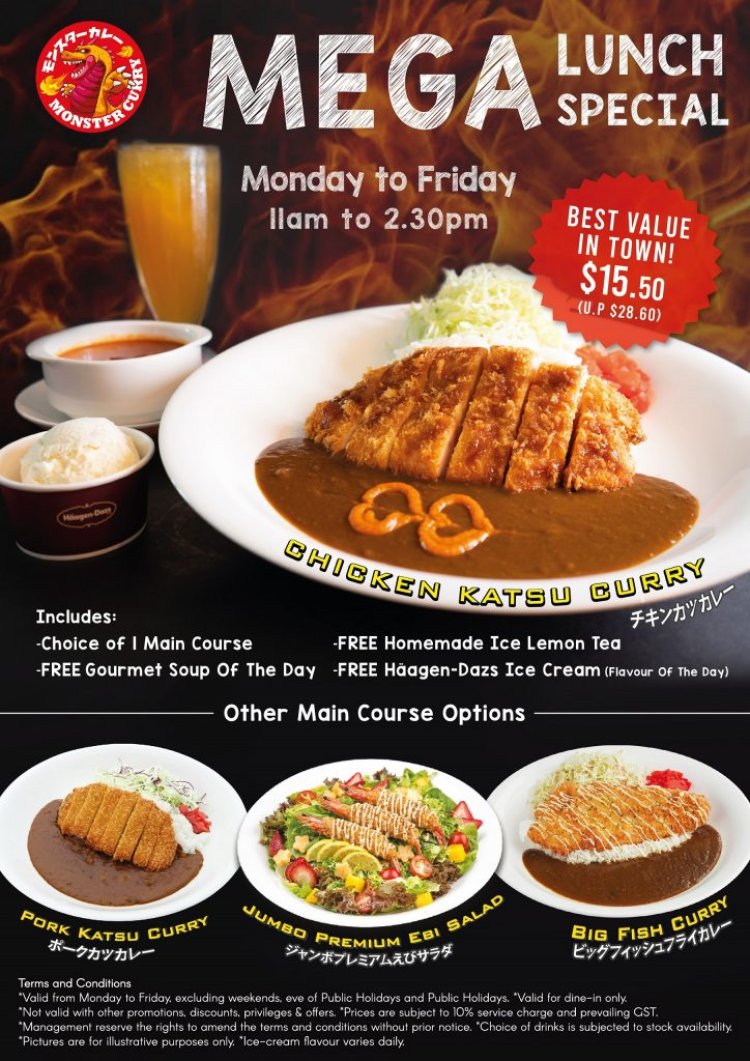 Monster Curry lunch promotion $15.50 for set meal with main course drink soup and dessert