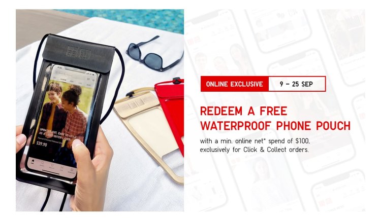 Uniqlo giveaway waterproof phone pouch for click and collect with net $100, Pop up store at Dough for to play game and redeem special gift (Till 25 Sep)