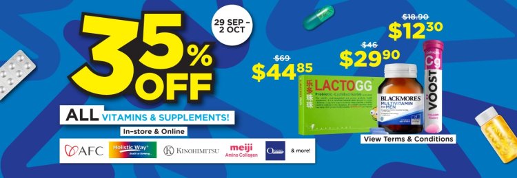 Watsons 35% off  all vitamins and supplements online and in store till 2 Oct 2022