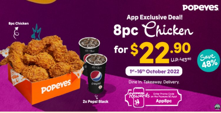 Popeyes up to 48% off fried chicken 8pcs chicken + Pepsi for $22.90 or 9 pcs buttermilk chicken nuggets for $8.30