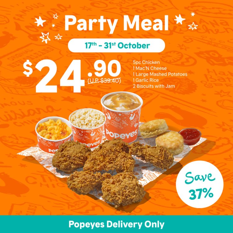 Popeyes SG app delivery promotion save up to 37% party meal, chicken & sandwich, tenders and fish till 31 Oct