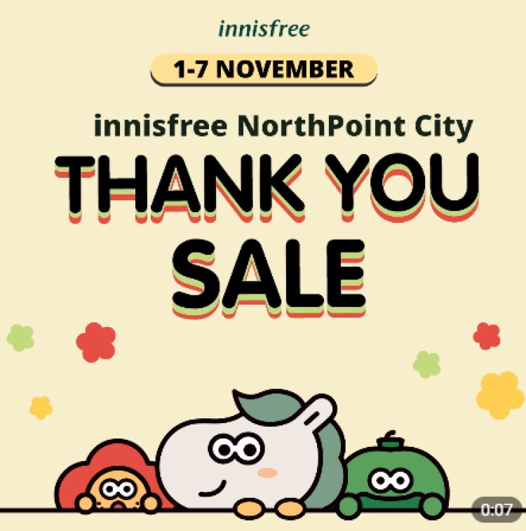 Innisfree enjoy 20% off storewide, 50% off selected products, $5 voucher with every purchase store closing sale at Northpoint City,