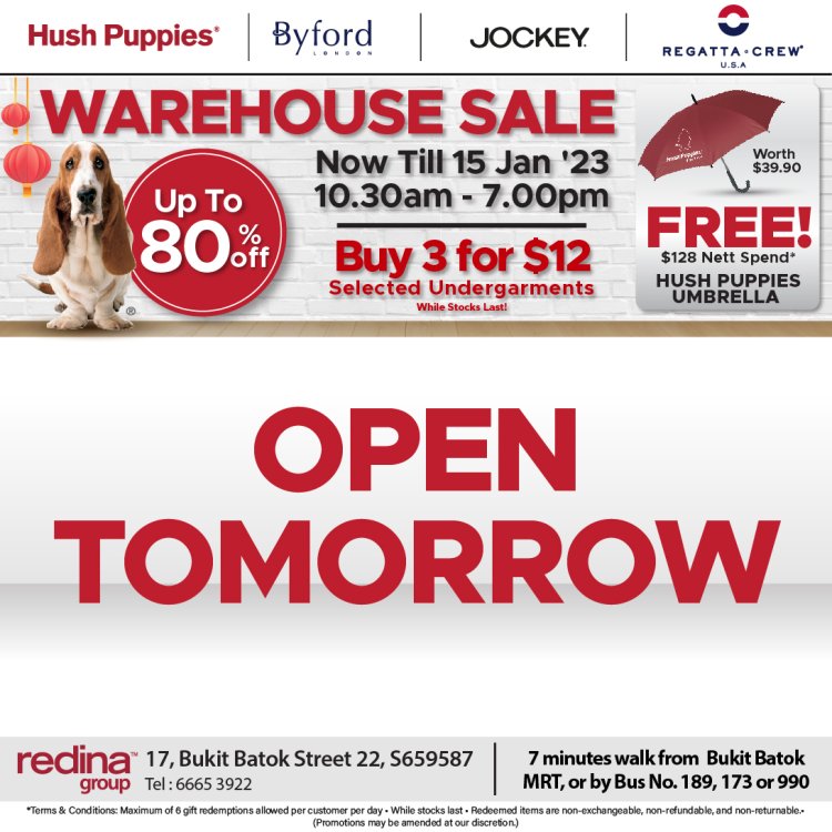 Hush puppies Apparel warehouse sale up to 80% off  till 15 Jan 2023