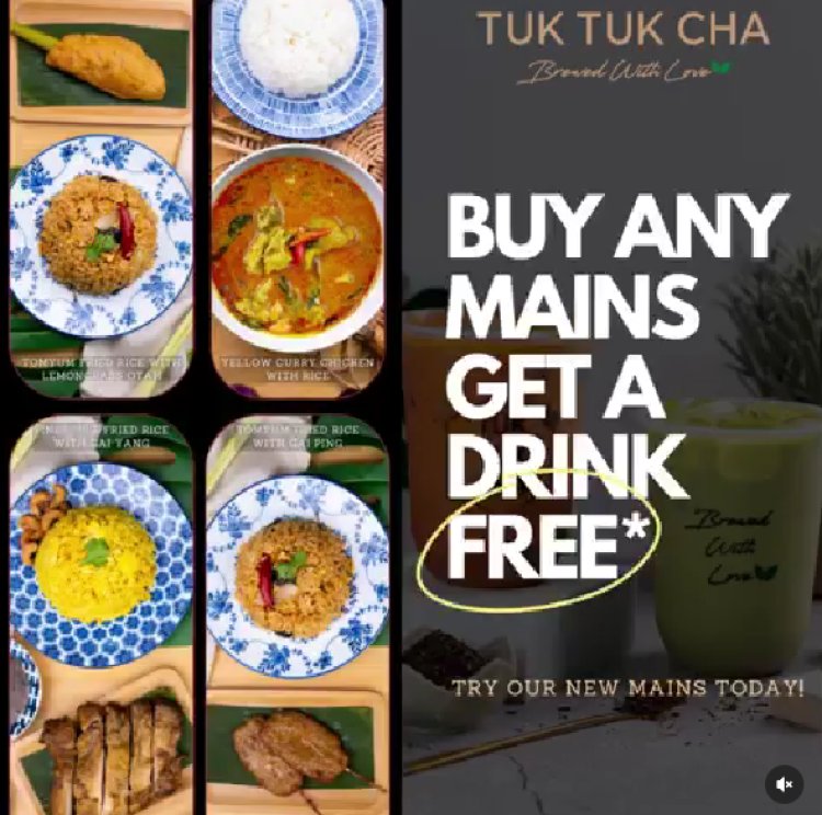 Tuk Tuk Cha free drink when you purchase selected mains and outlets till 5 Mar