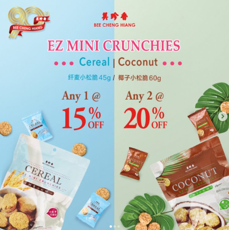 Bee Cheng Hiang EZ Mini Crunches cereal any 1 for 15% off or coconut any 2 for 20% off